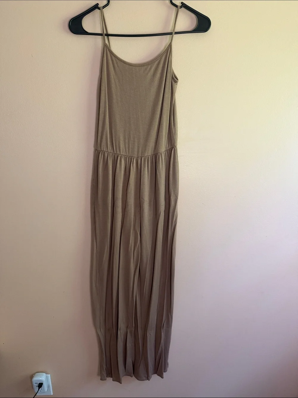 Sleeveless Spaghetti-Strap Maxi Jumpsuit in Taupe